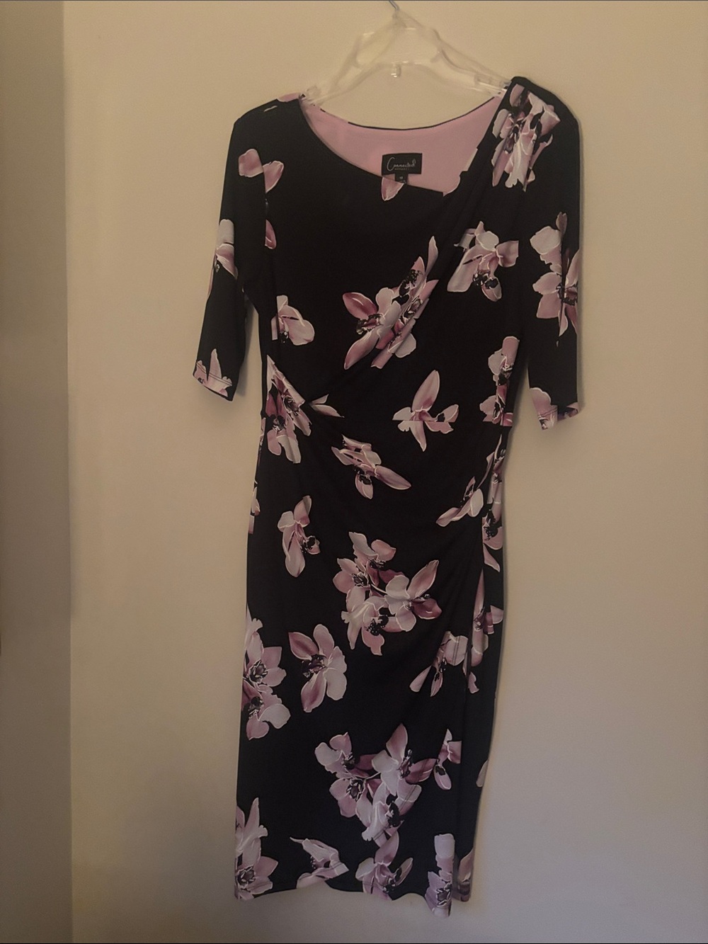 Annabelle Black Midi Dress with Pink Floral Print